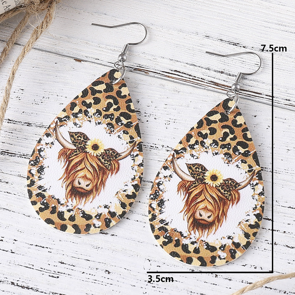 Wholesale Western cowboy double-sided PU leather water drop leopard print earrings